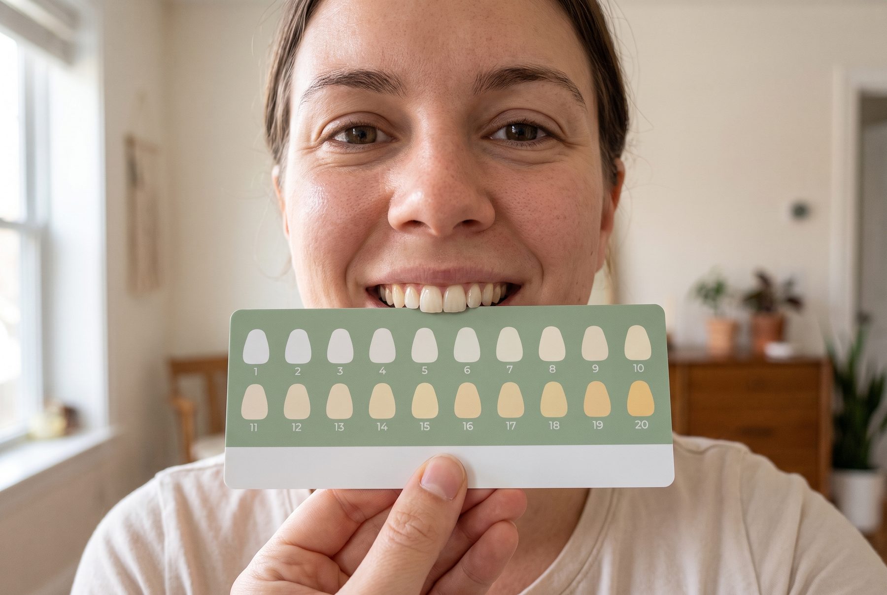 A customer holding the 20-step WeSmile shade card next to her teeth