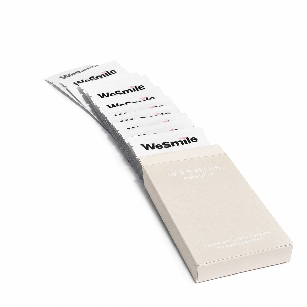 The opened Whitening Strips box with all fourteen sachets fanned out